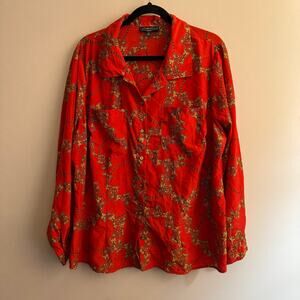 Vintage Elementz Button-Up Shirt Red Gold Chain Print Collared Long Sleeve Sz 2X